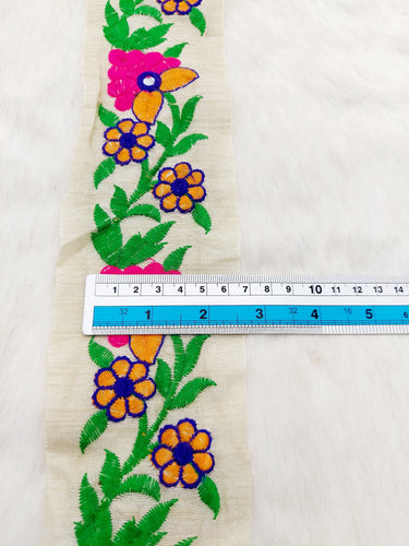 Beige Art Silk Fabric Trim With Pink and Yellow Floral Embroidery, Foil Mirror Embroider Trimming, Trim By The Yard